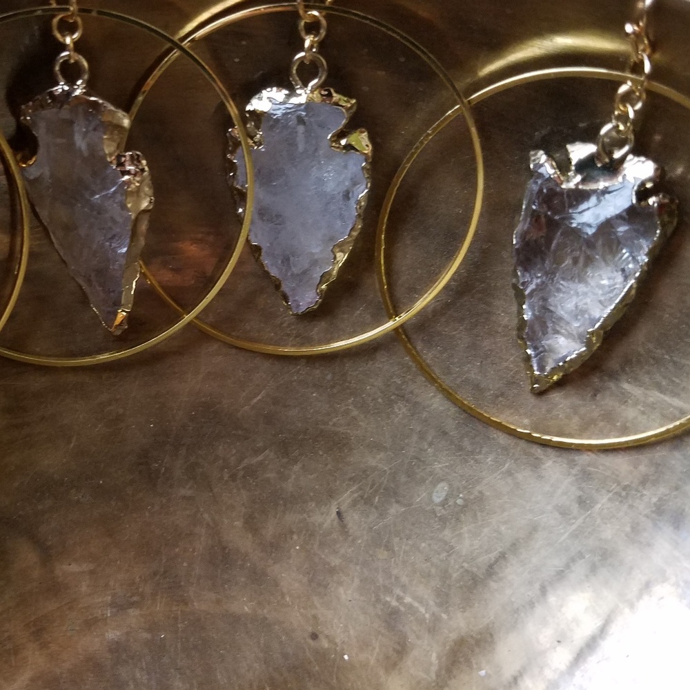LAST PAIR! Arrowhead Quartz Crystal Big Gold Hoops - Picture 3 of 4